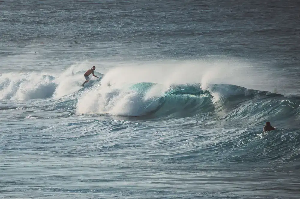 Surfer riding a clear wave near the coast