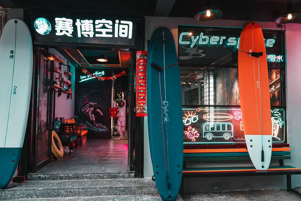 Surfboards neatly stacked in the Saltline Surf shop